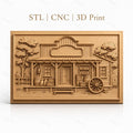 Fichier CNC & impression 3D magasin western, cabine en bois avec baril, caisse, roue et arbres, haute qualité relief STL