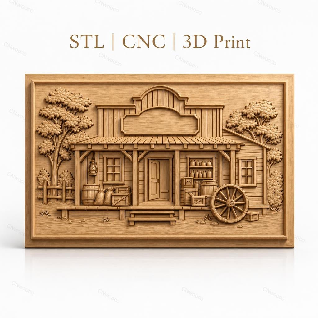 Fichier CNC & impression 3D magasin western, cabine en bois avec baril, caisse, roue et arbres, haute qualité relief STL