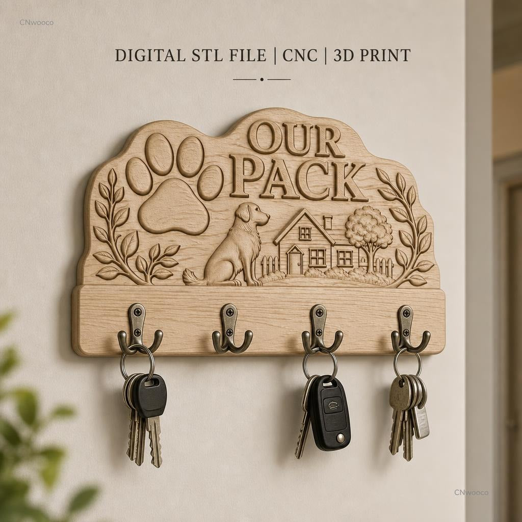 Fichier CNC porte-clés mural enseigne personnalisée chien, décor maison et patte, STL très haute qualité