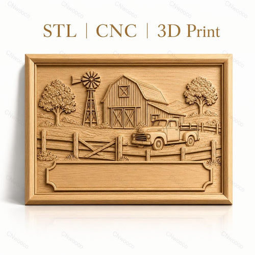 Fichier CNC & impression 3D paysage de ferme avec grange, vieux camion et moulin à vent, haute qualité relief STL