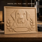 Fichier CNC & impression 3D portrait de chien labrador, décor floral et cadre, haute qualité relief STL