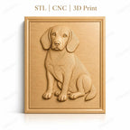 Fichier CNC & impression 3D chien Beagle assis, détail pelage et contours réalistes, haute qualité relief STL