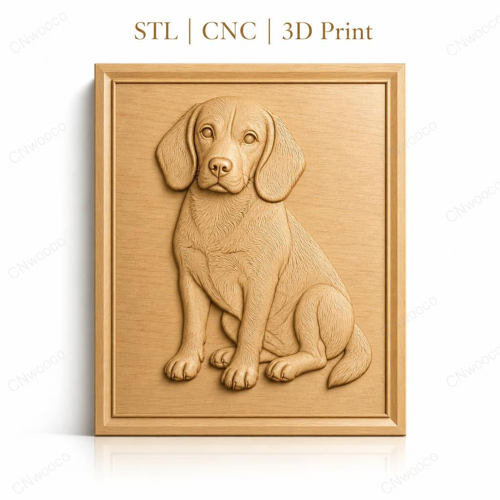 Fichier CNC & impression 3D chien Beagle assis, détail pelage et contours réalistes, haute qualité relief STL
