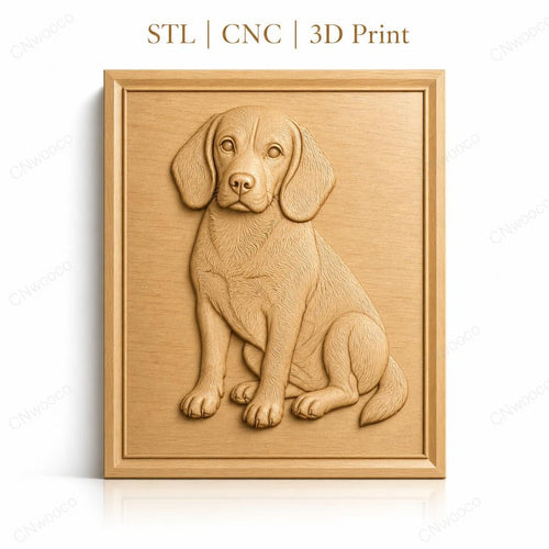 Fichier CNC & impression 3D chien Beagle assis, détail pelage et contours réalistes, haute qualité relief STL