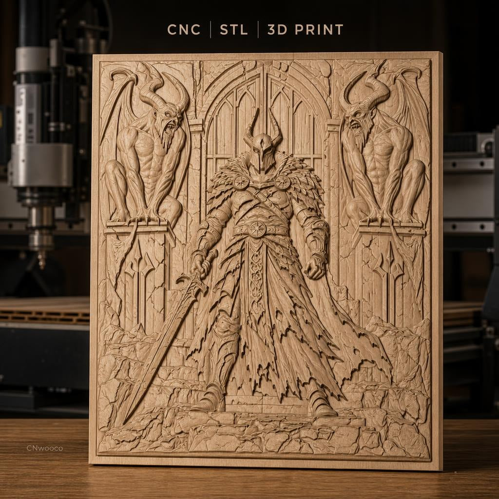Fichier CNC & impression 3D guerrier médiéval avec épée et gargouilles, haute qualité relief STL