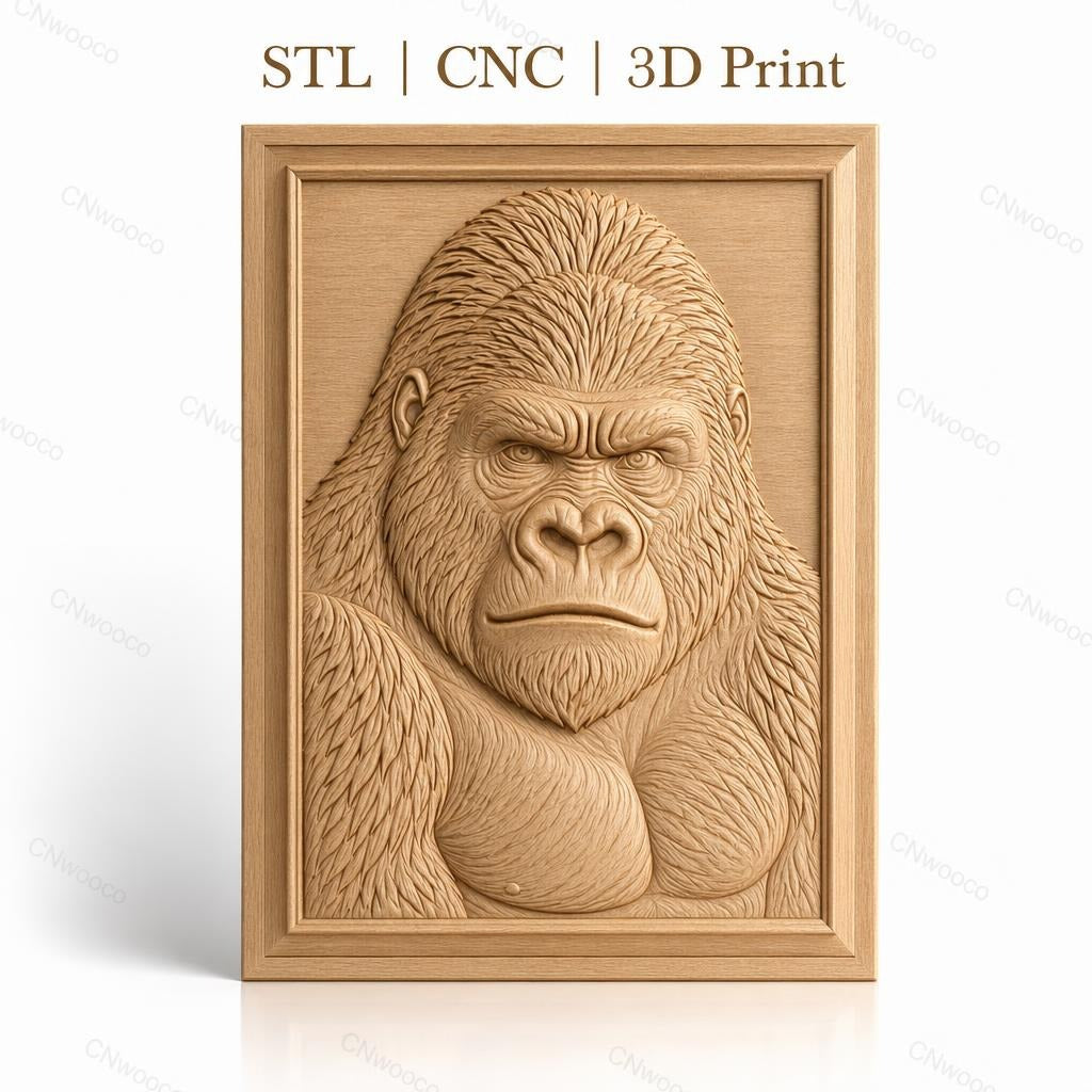 Fichier CNC & impression 3D gorille, portrait animal détaillé, haute qualité relief STL