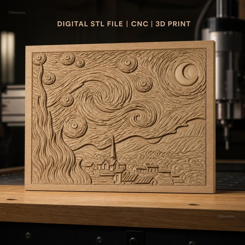 Fichier CNC & impression 3D La Nuit étoilée, village, ciel tourbillonnant haute qualité relief STL