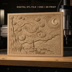 Fichier CNC & impression 3D La Nuit étoilée, village, ciel tourbillonnant haute qualité relief STL