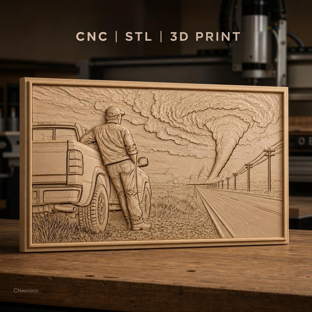 Fichier CNC & impression 3D Tornade, homme et camion sur la route, haute qualité relief STL