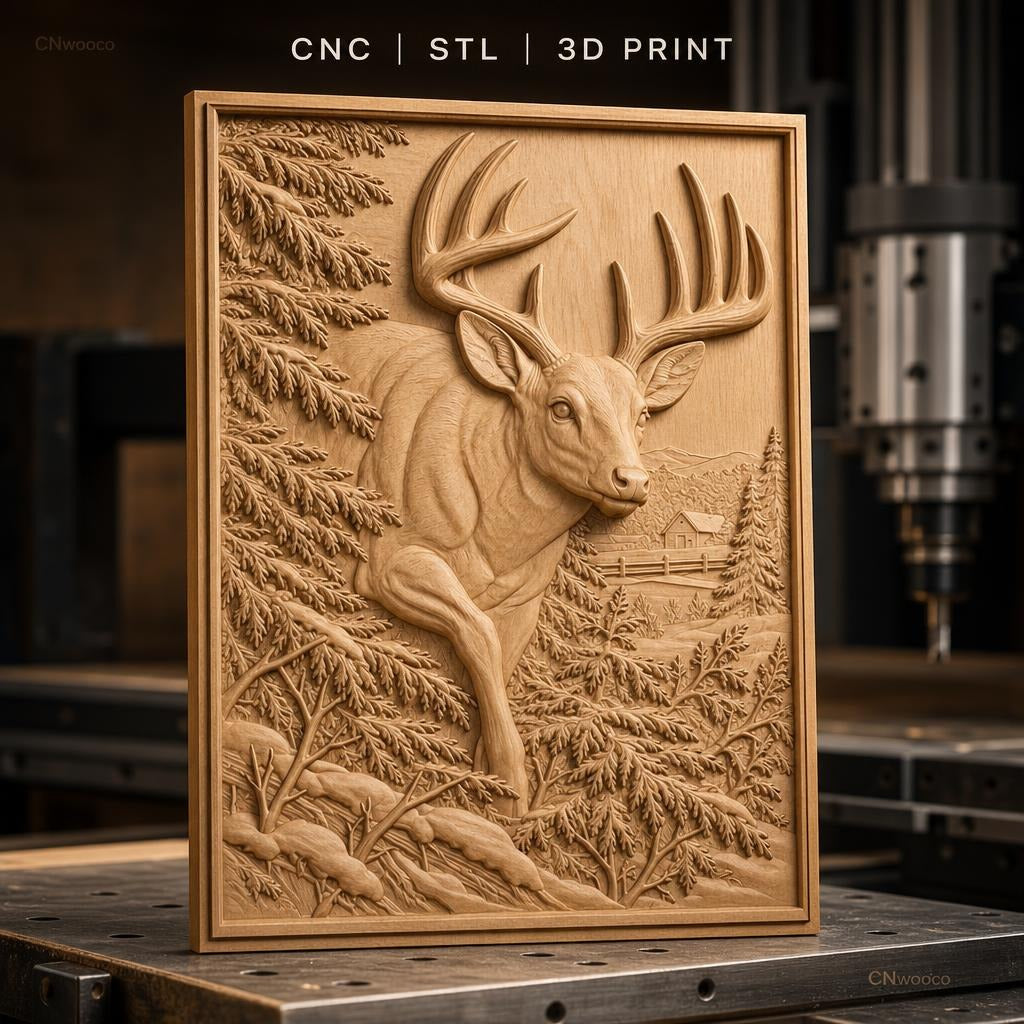Fichier CNC & impression 3D cerf majestueux avec paysage naturel, forêt et montagne relief, haute qualité relief STL