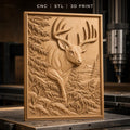Fichier CNC & impression 3D cerf majestueux avec paysage naturel, forêt et montagne relief, haute qualité relief STL