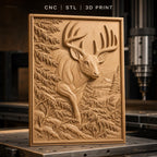 Fichier CNC & impression 3D cerf majestueux avec paysage naturel, forêt et montagne relief, haute qualité relief STL