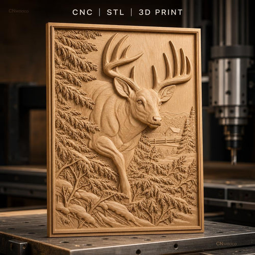 Fichier CNC & impression 3D cerf majestueux avec paysage naturel, forêt et montagne relief, haute qualité relief STL