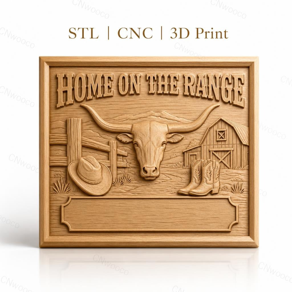 Fichier CNC & impression 3D thème western, tête de taureau, chapeau cowboy, bottes, grange, haute qualité relief STL