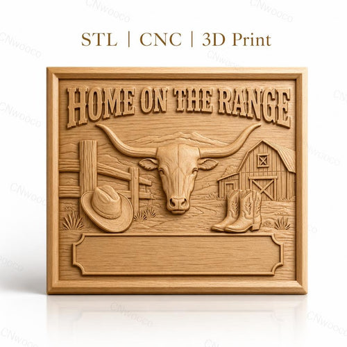 Fichier CNC & impression 3D thème western, tête de taureau, chapeau cowboy, bottes, grange, haute qualité relief STL