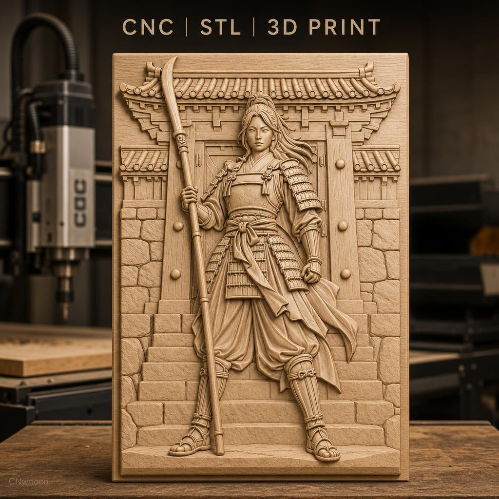 Fichier CNC & impression 3D guerrière samouraï, armure et porte traditionnelle, haute qualité relief STL