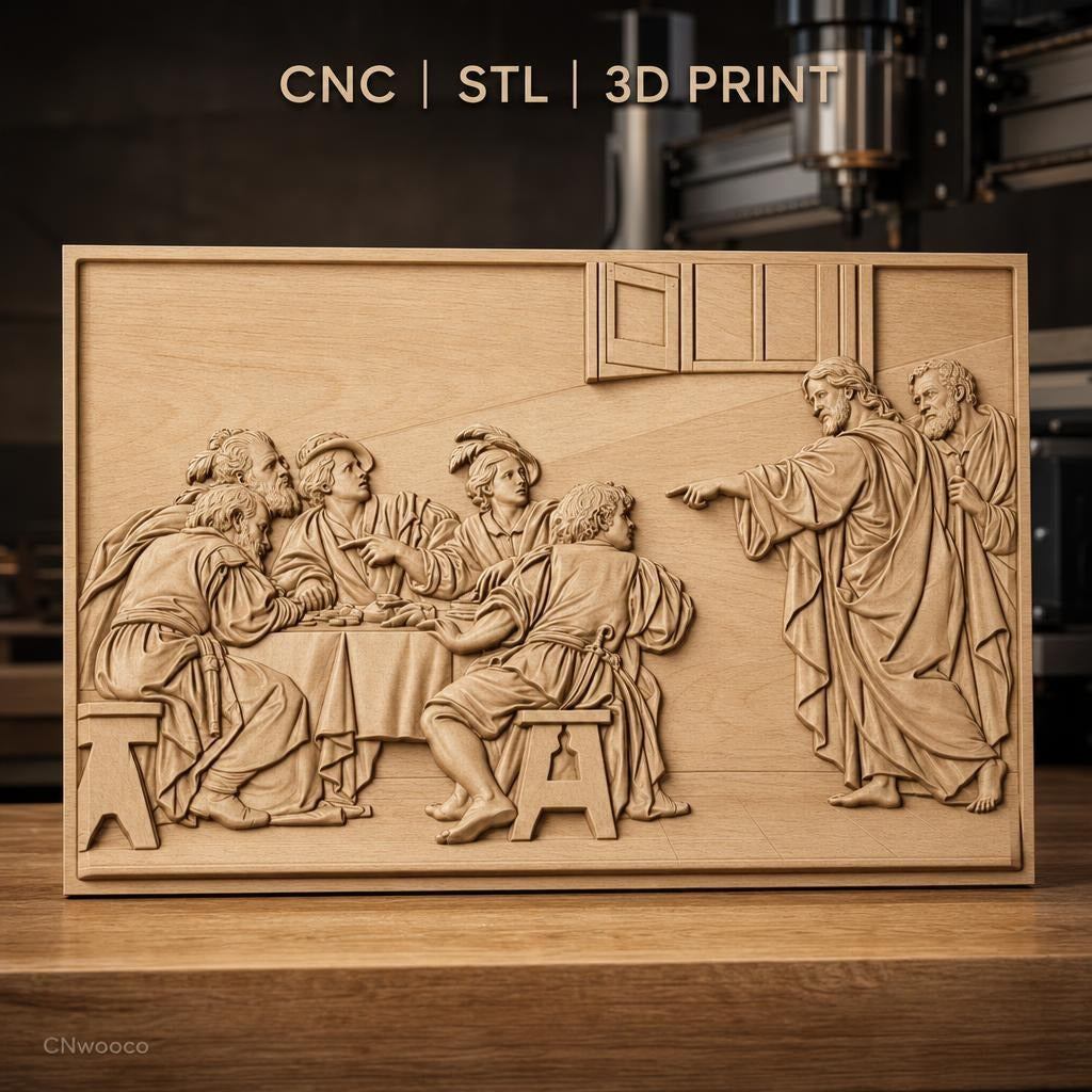 Fichier CNC & impression 3D scène biblique Jésus et apôtres à la table, haute qualité relief STL