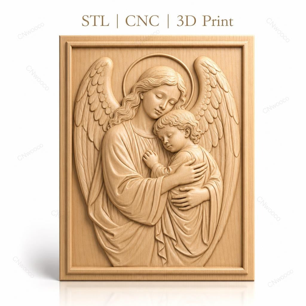 Fichier CNC & impression 3D Ange protecteur, mère ange avec enfant, haute qualité relief STL