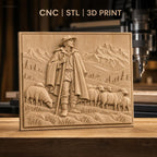 Fichier CNC & impression 3D berger avec troupeau de moutons en montagne, haute qualité relief STL