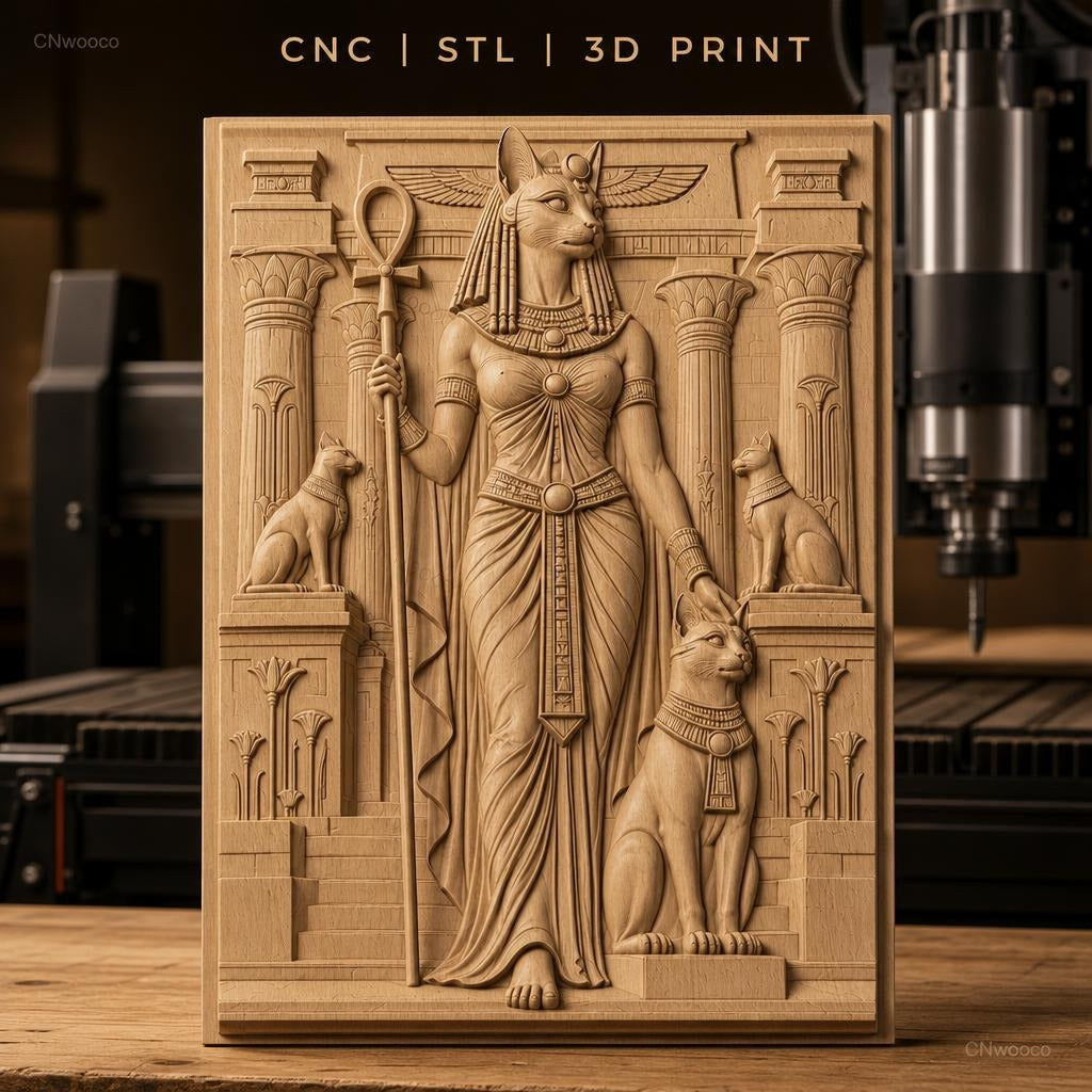 Fichier CNC & impression 3D déesse égyptienne Bastet, chats, colonnes et sphinx, haute qualité relief STL