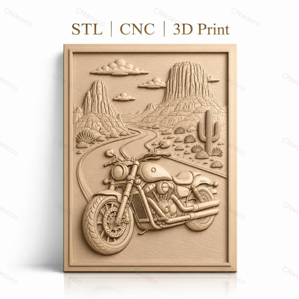 Fichier CNC & impression 3D moto sur route désertique, relief paysage cactus haute qualité relief STL