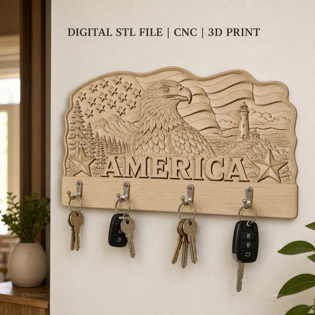 Fichier CNC porte-clés mural enseigne décorative America Eagle Flag, STL très haute qualité