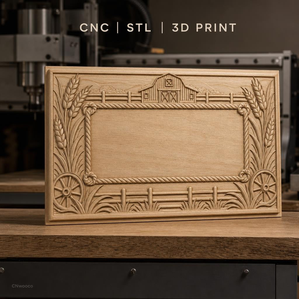 Fichier CNC & impression 3D paysage ferme, grange, épis de blé, roues et clôture, haute qualité relief STL