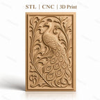 Fichier CNC & impression 3D Paon, relief ornemental avec plumes détaillées et feuillages, haute qualité relief STL