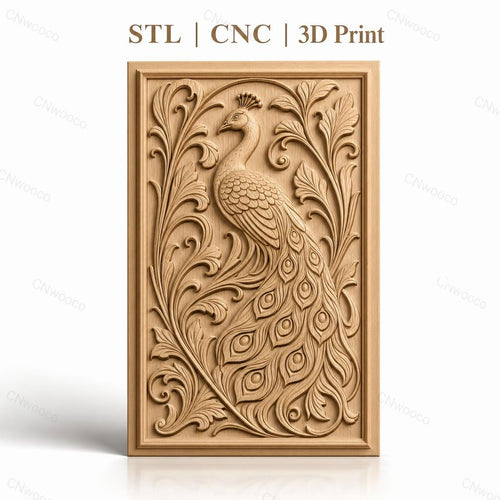 Fichier CNC & impression 3D Paon, relief ornemental avec plumes détaillées et feuillages, haute qualité relief STL