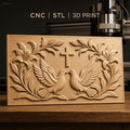 Fichier CNC & impression 3D motif religieux, colombes, croix et fleurs, haute qualité relief STL