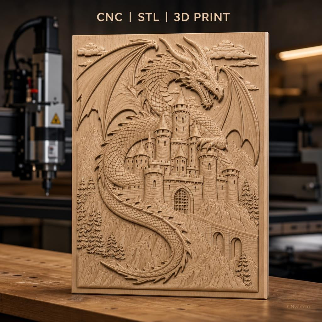 Fichier CNC & impression 3D dragon mythique, château médiéval et montagnes, haute qualité relief STL