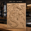 Fichier CNC & impression 3D dragon mythique, château médiéval et montagnes, haute qualité relief STL