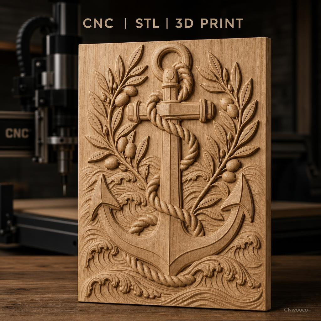 Fichier CNC & impression 3D ancre marine, corde, branches d'olivier, vagues, haute qualité relief STL