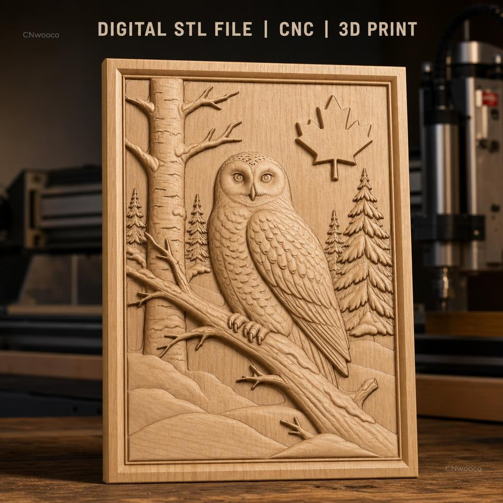 Fichier CNC & impression 3D hibou sur branche en forêt, feuille d'érable, haute qualité relief STL