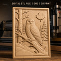 Fichier CNC & impression 3D hibou sur branche en forêt, feuille d'érable, haute qualité relief STL