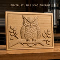 Fichier CNC & impression 3D hibou sur branche avec feuilles, haute qualité relief STL