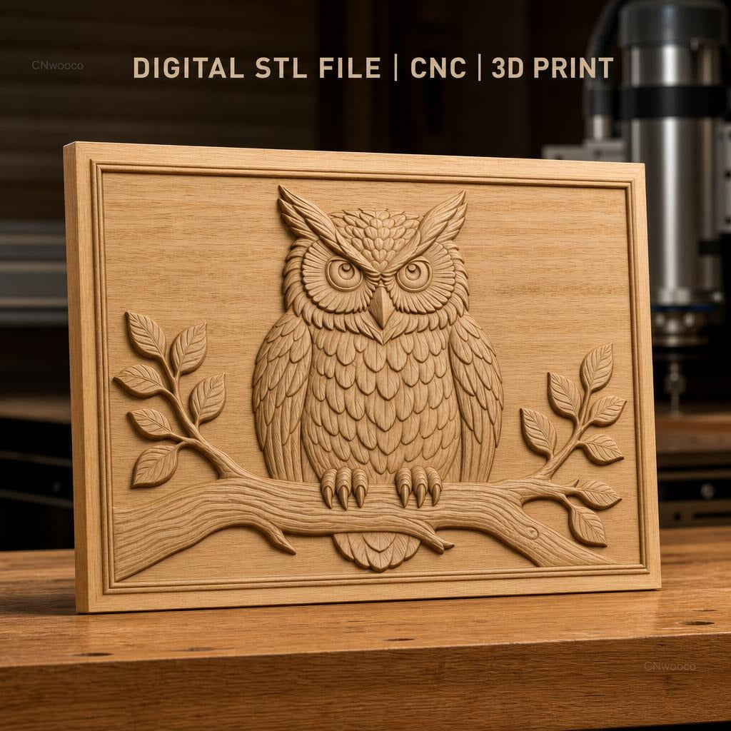 Fichier CNC & impression 3D hibou sur branche avec feuilles, haute qualité relief STL