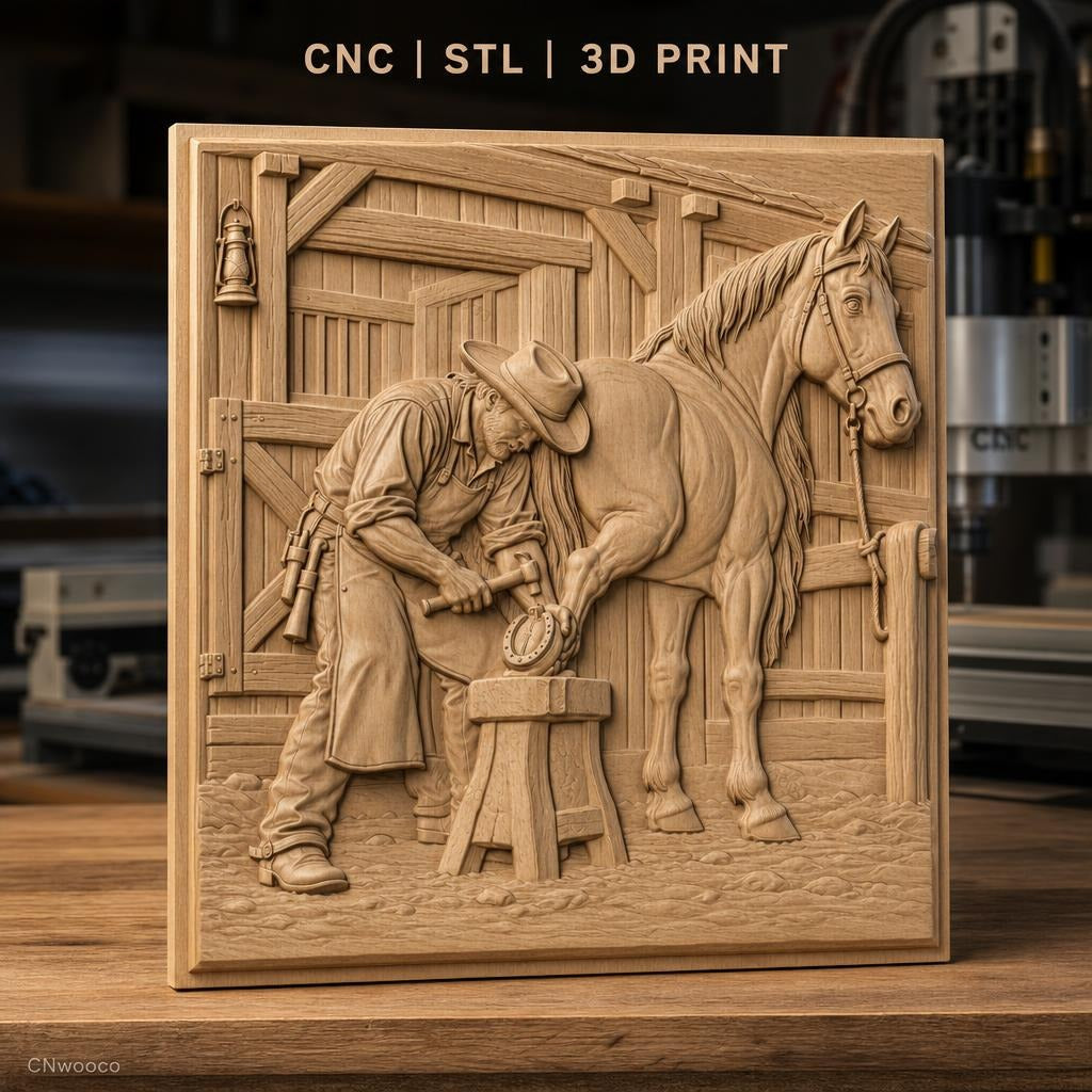 Fichier CNC & impression 3D maréchal-ferrant et cheval, travail du fer à cheval, haute qualité relief STL
