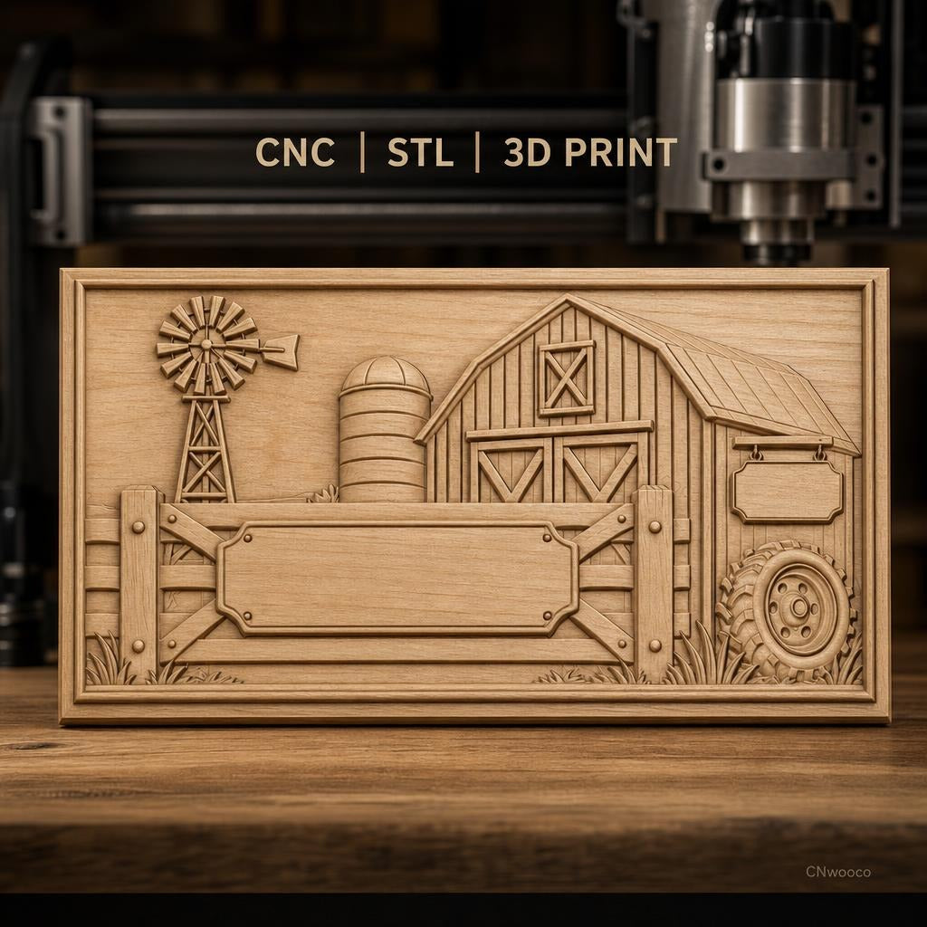 Fichier CNC & impression 3D ferme avec grange, moulin à vent et clôture, haute qualité relief STL