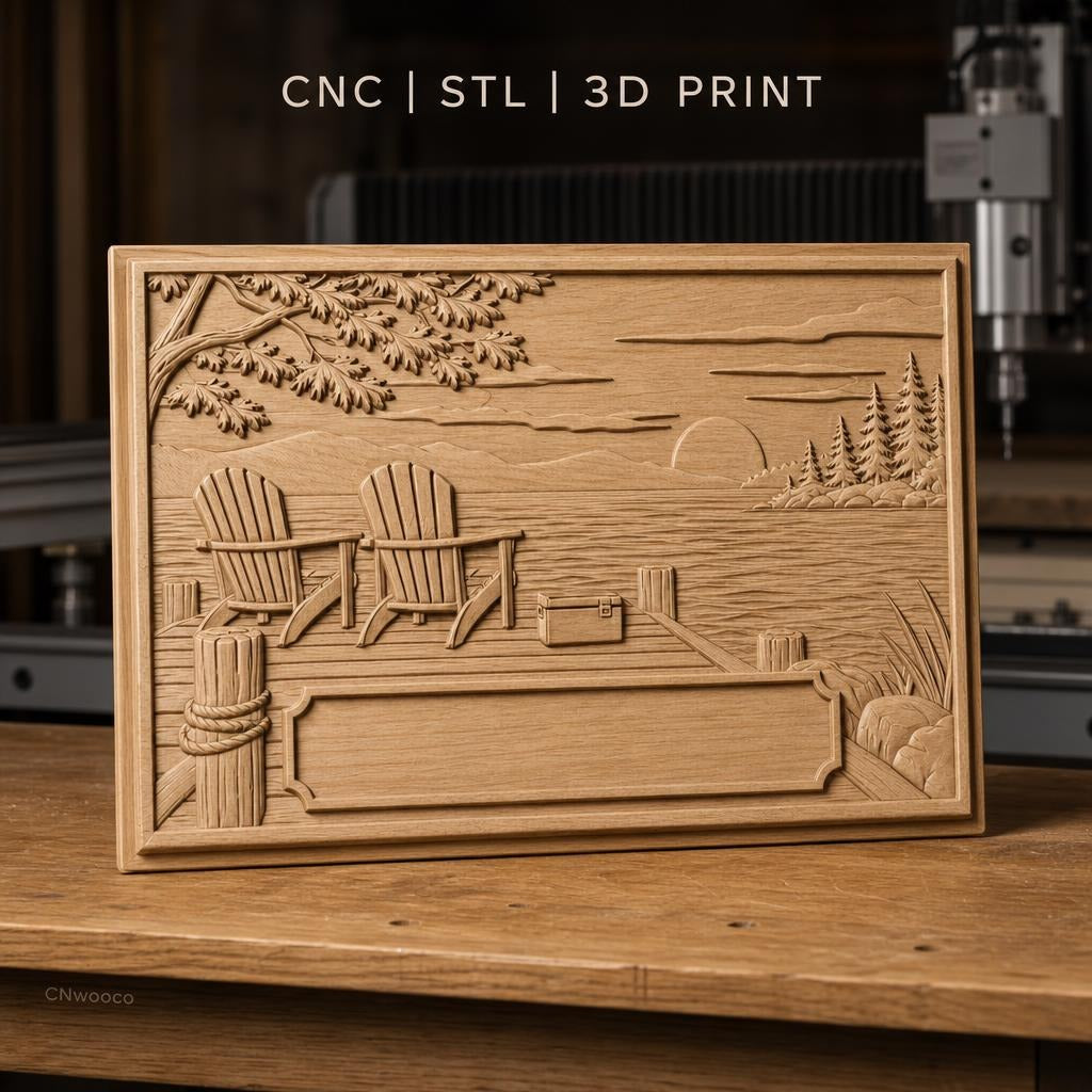 Fichier CNC & impression 3D bord de lac, chaises Adirondack sur quai avec coucher de soleil, haute qualité relief STL