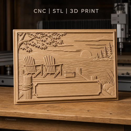 Fichier CNC & impression 3D bord de lac, chaises Adirondack sur quai avec coucher de soleil, haute qualité relief STL