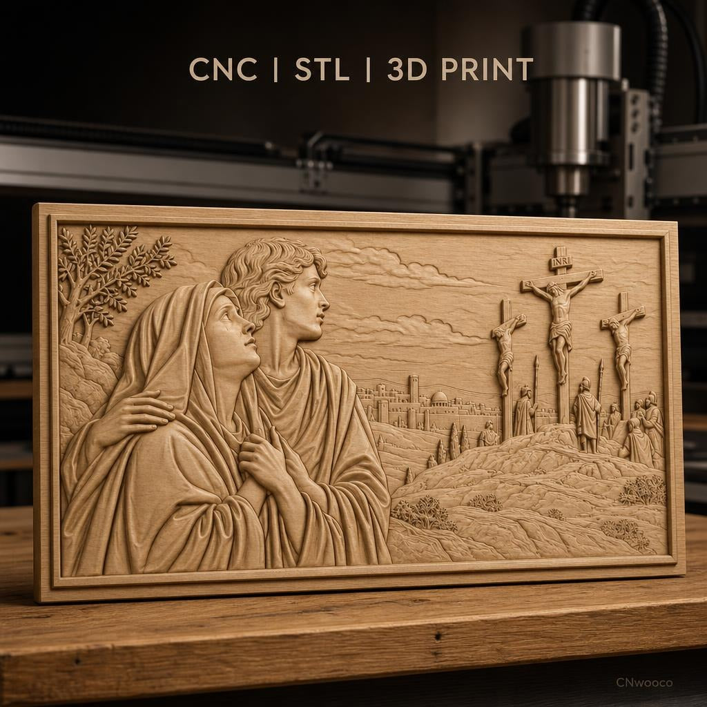 Fichier CNC & impression 3D scène de crucifixion, Marie et Jean en prière, haute qualité relief STL