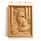Fichier CNC & impression 3D renard assis, forêt, arbres et feuilles, haute qualité relief STL