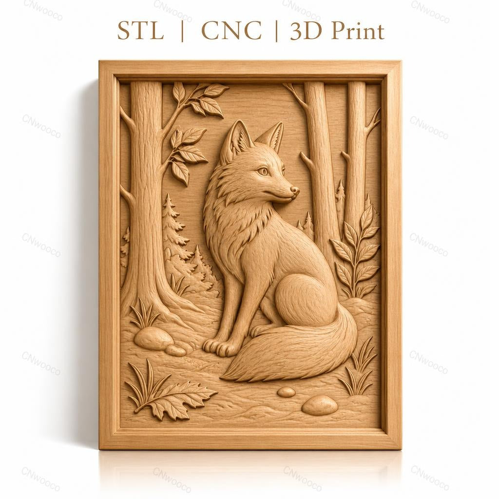 Fichier CNC & impression 3D renard assis, forêt, arbres et feuilles, haute qualité relief STL