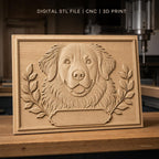 Fichier CNC & impression 3D chien Golden Retriever, visage détaillé avec feuillage, haute qualité relief STL
