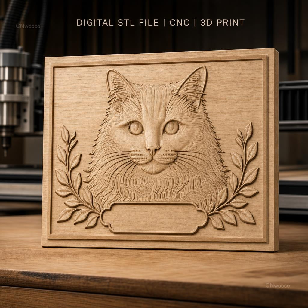 Fichier CNC & impression 3D chat avec feuilles décoratives, haute qualité relief STL