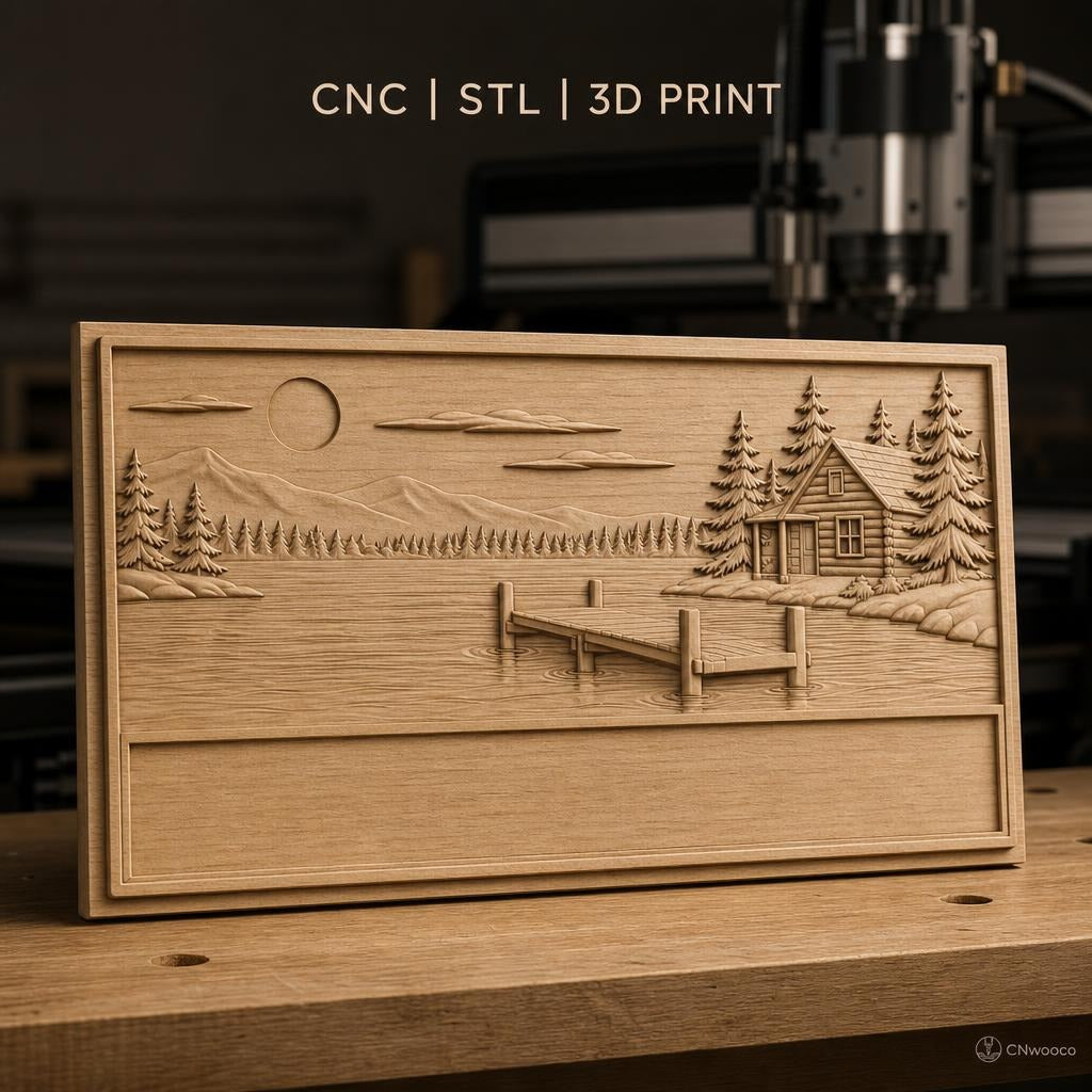 Fichier CNC & impression 3D paysage lac cabane ponton sapins montagne, haute qualité relief STL