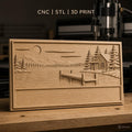 Fichier CNC & impression 3D paysage lac cabane ponton sapins montagne, haute qualité relief STL