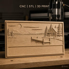Fichier CNC & impression 3D paysage lac cabane ponton sapins montagne, haute qualité relief STL