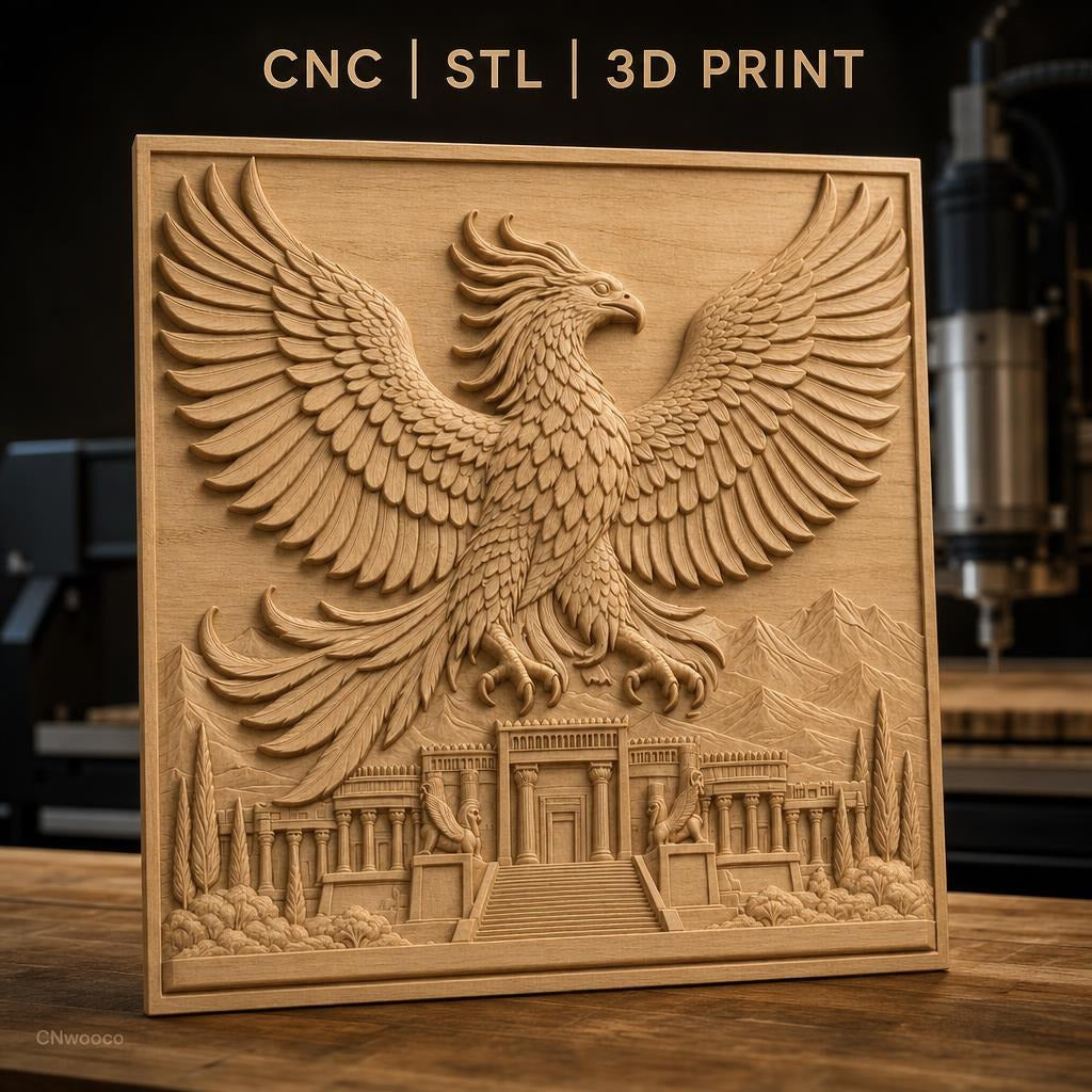 Fichier CNC & impression 3D Phénix mythique, temple ancien avec montagnes et nature, haute qualité relief STL